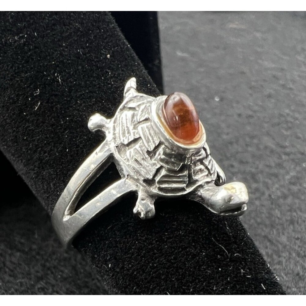 Vintage Dainty Sterling Silver & Carnelian 3D Figural Turtle Ring Size 6